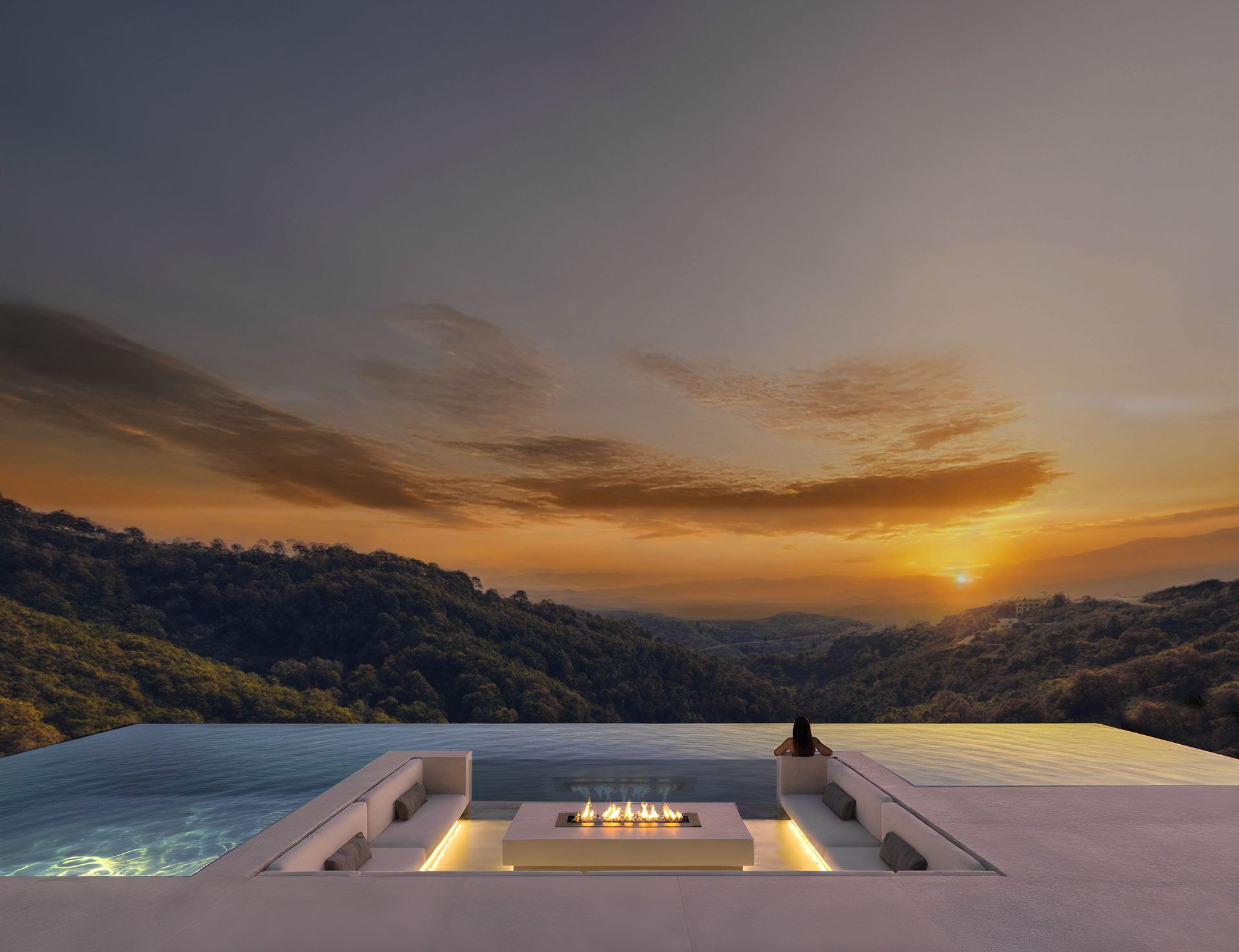 Piscina infinity al atardecer